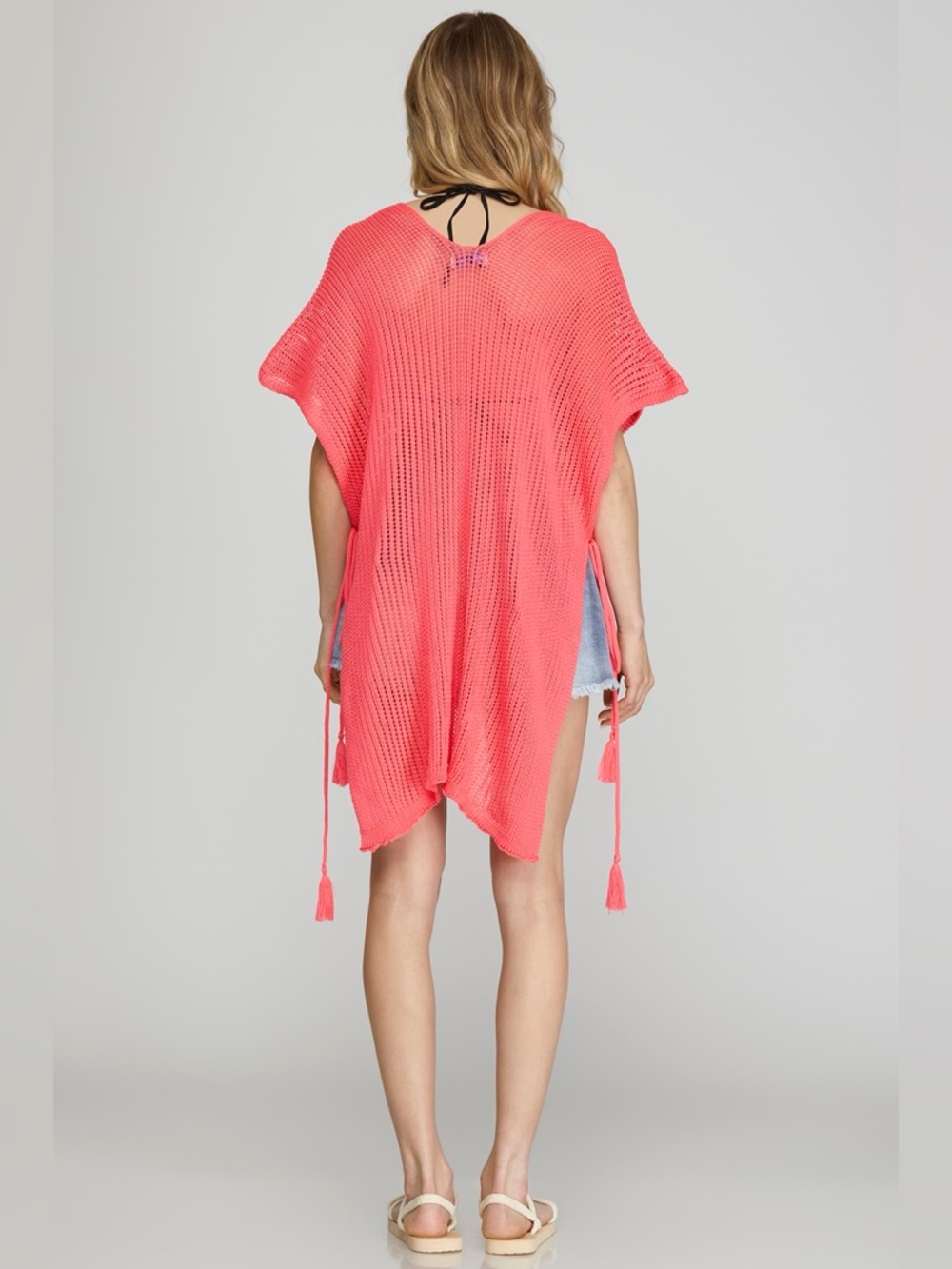 She + Sky Hot Pink Drop Shoulder Side Tasel Tie Cover Up Tunic Top - Picture 2 of 2